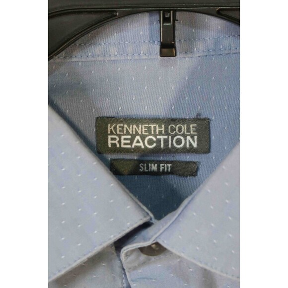 Kenneth Cole Reaction Shirt Mens 17 34-35 Blue L/S Button Up Dry Tek Slim Fit - Picture 2 of 16